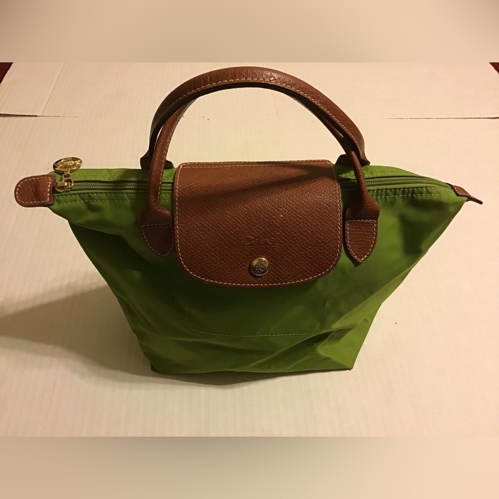 LONGCHAMP SM LE PLIAGE AUTHENTIC HANDBAG TOTE EUC GREEN LEATHER HANDLES GOOD